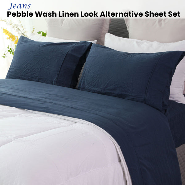 Ramesses Pebble Wash Linen Look Flat Fitted Sheet 40cm Wall Blue Double