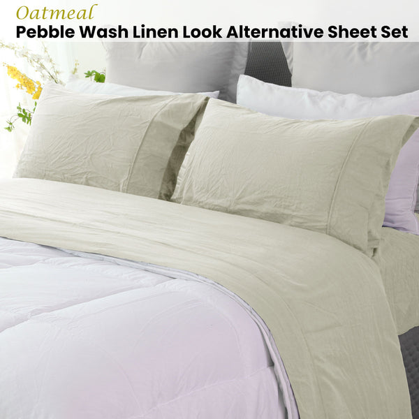 Ramesses Pebble Wash Linen Look Flat Fitted Sheet Set 40cm Wall Oatmeal King Single