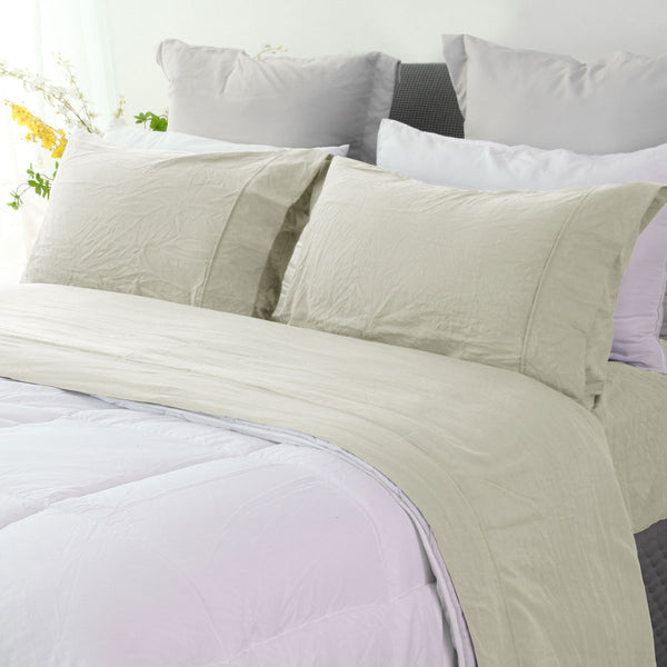 Ramesses Pebble Wash Linen Look Flat Fitted Sheet Set 40cm Wall Oatmeal Single