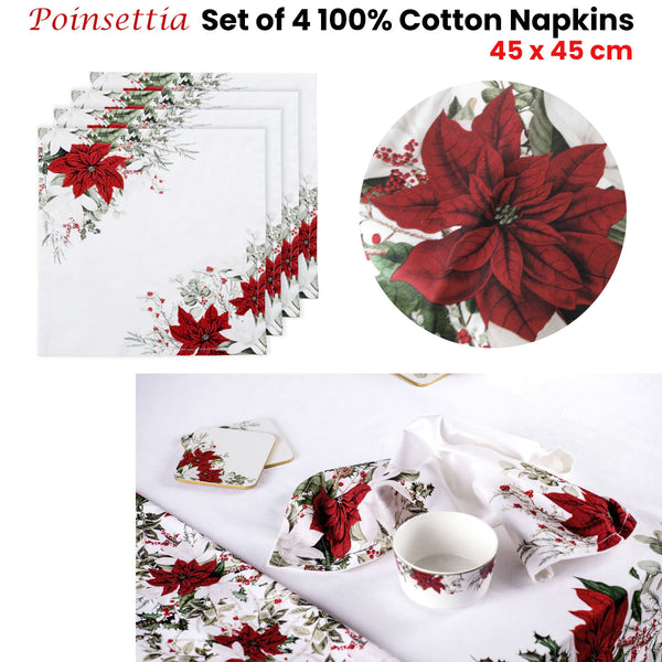 Ashdene Set of 4 Poinsettia Cotton Napkins 45 x 45cm