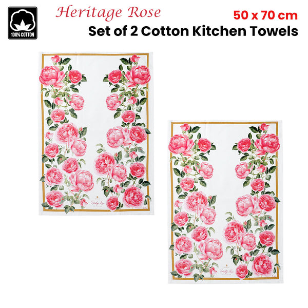 Ashdene Set of 2 Heritage Rose Cotton Kitchen Tea Towels 50 x 70cm