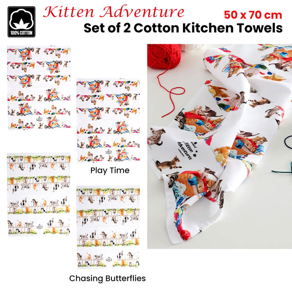 Ashdene Set of 2 Kitten Adventures Cotton Kitchen Tea Towels Play Time 50 x 70cm
