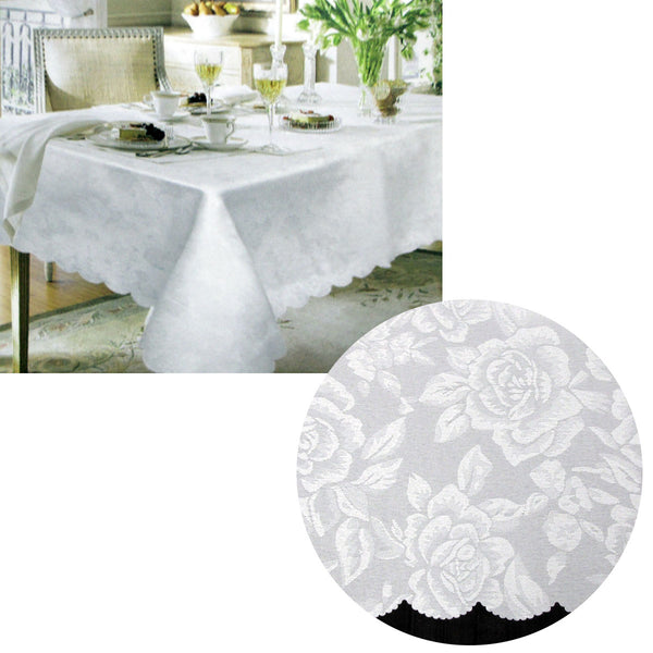 Jacquard Damask Scalloped Edging Table Cloth Tablecloth White 140 x 180cm