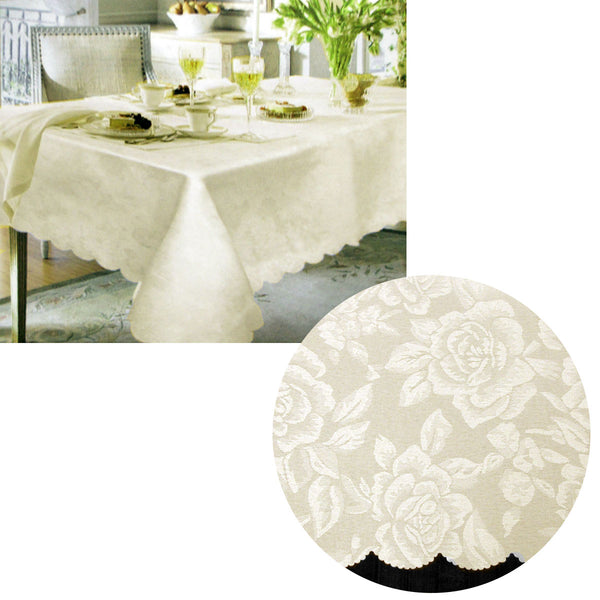 Jacquard Damask Scalloped Edging Table Cloth Tablecloth Cream 150 x 220cm