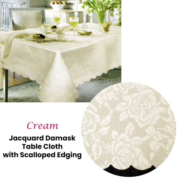 Jacquard Damask Scalloped Edging Table Cloth Tablecloth Cream 150 x 220cm