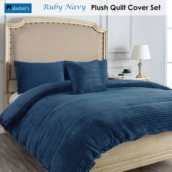 Alastairs Ruby Ribbed Flannel Fleece Quilt Doona Duvet Cover Set Navy Double