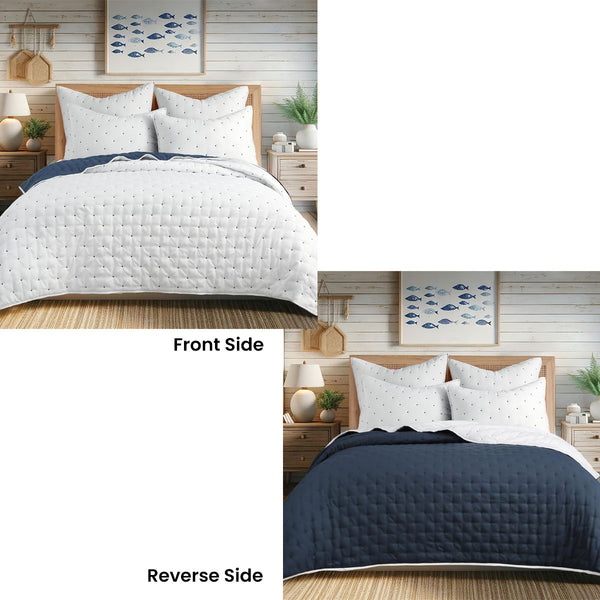 Jenny Mclean Swiss Dots Reversible Bedspread Comforter Coverlet Blue White King