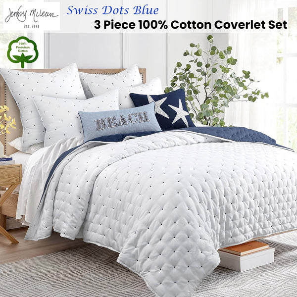 Jenny Mclean Swiss Dots Reversible Bedspread Comforter Coverlet Blue White Queen