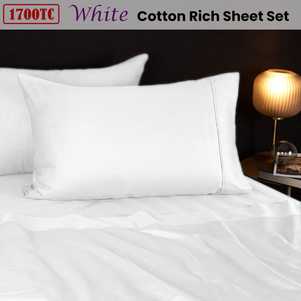 Morrissey 1700TC Cotton Rich Flat Fitted Sheet Set White Queen