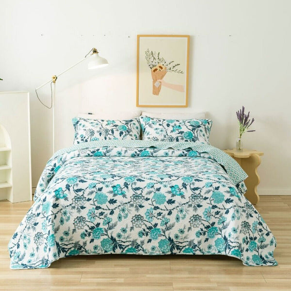 Delta Floral 150gsm Cotton Quilted Bedspread Coverlet Set Aqua Queen