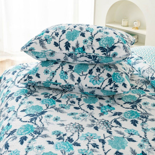 Delta Floral 150gsm Cotton Quilted Bedspread Coverlet Set Aqua Queen