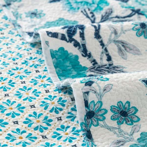 Delta Floral 150gsm Cotton Quilted Bedspread Coverlet Set Aqua Queen