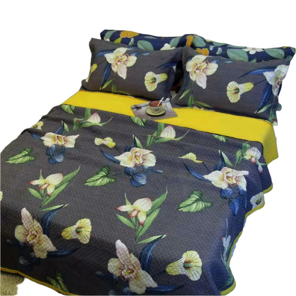 Orchid Floral Quilted Bedspread Comforter Coverlet Charcoal Grey Queen