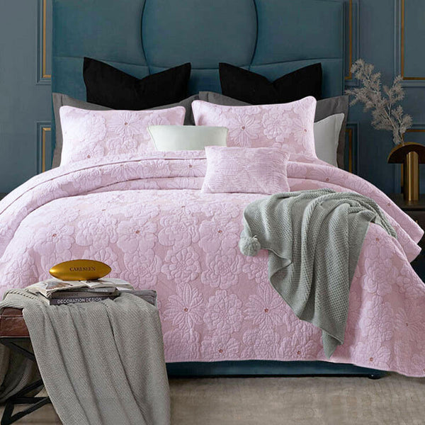 Floriade Floral Embroidered Quilted Bedspread Comforter Coverlet Pink Queen