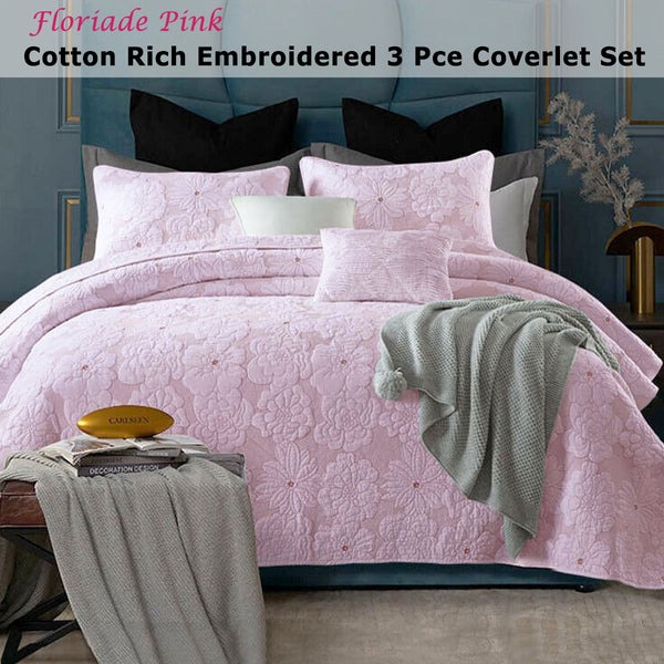 Floriade Floral Embroidered Quilted Bedspread Comforter Coverlet Pink Queen