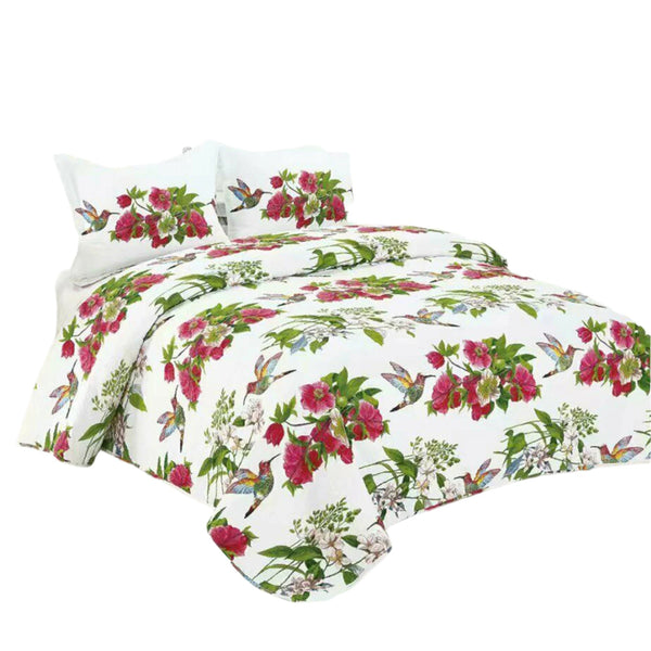 Hummingbird Floral Quilted Bedspread Comforter Coverlet Charcoal White Queen