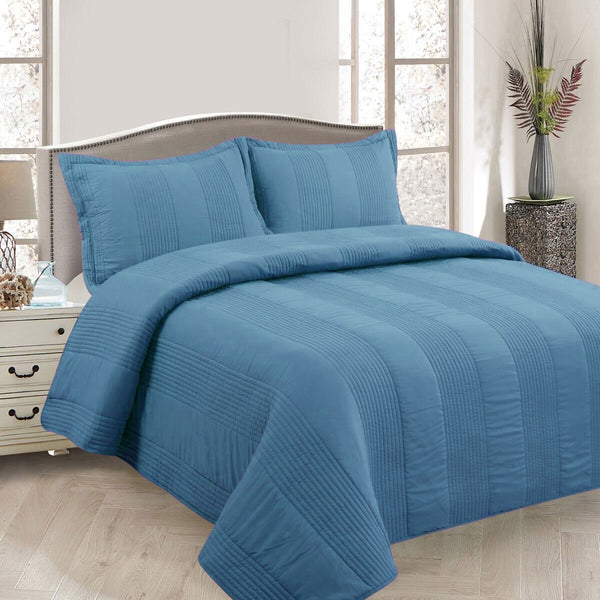 Lewis Striped Quilted Polyester Cotton Bedspread Coverlet Blue Queen