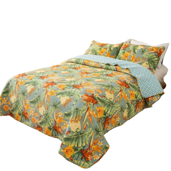 Birds of Paradise 150gsm Cotton Quilted Bedspread Coverlet Set Yellow Queen
