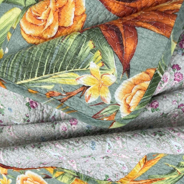 Birds of Paradise 150gsm Cotton Quilted Bedspread Coverlet Set Yellow Queen