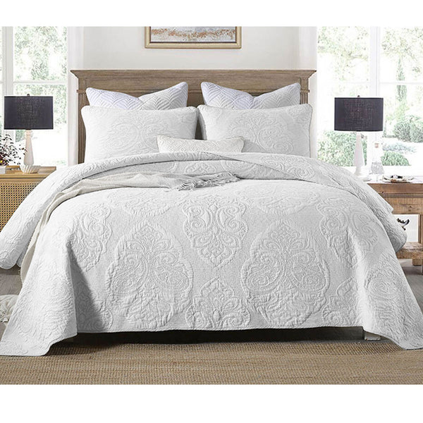 Damask Cotton Rich Quilted Bedspread Coverlet Set Royale White King