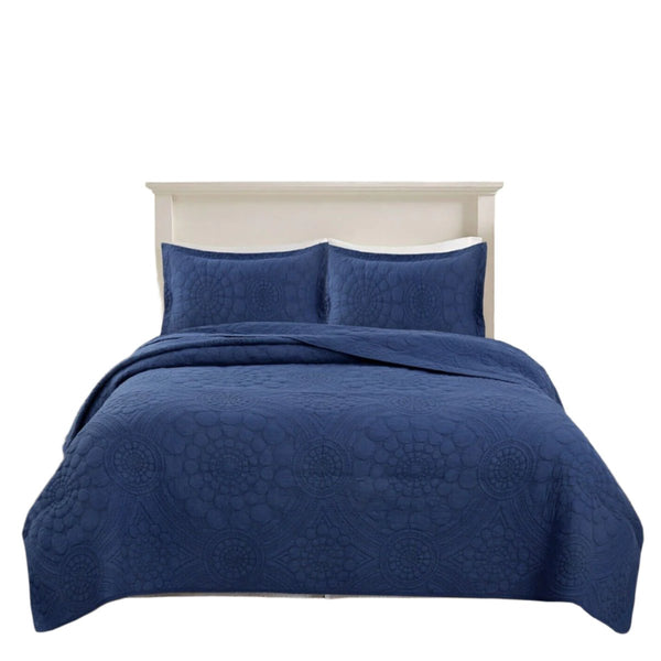 Unity Geometric 150gsm Cotton Quilted Bedspread Coverlet Set Navy Blue Queen