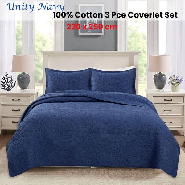 Unity Geometric 150gsm Cotton Quilted Bedspread Coverlet Set Navy Blue Queen