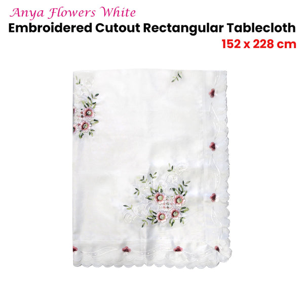 Anya Flowers Embroidered Cutout Rectangular Tablecloth White 152 x 228cm