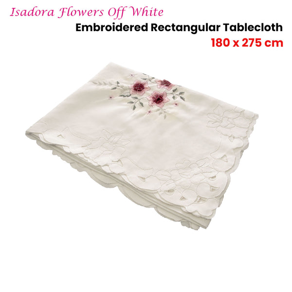 Isadora Flowers Embroidered Rectangular Tablecloth 180 x 275cm Off White