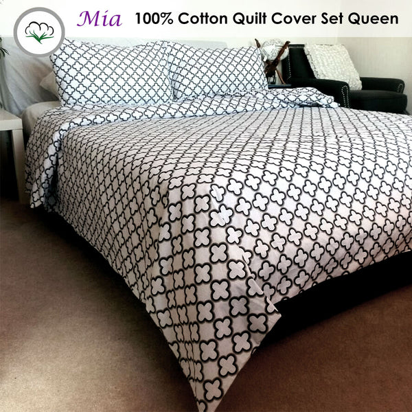 Klogie Mia Quatrefoil Cotton Quilt Doona Duvet Cover White Black Queen
