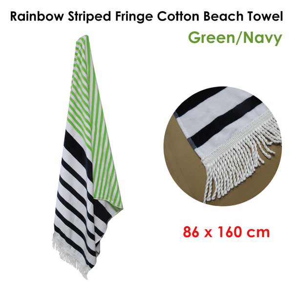 Onkaparinga Rainbow Striped Fringe Cotton Beach Towel Green Navy 160 x 86cm