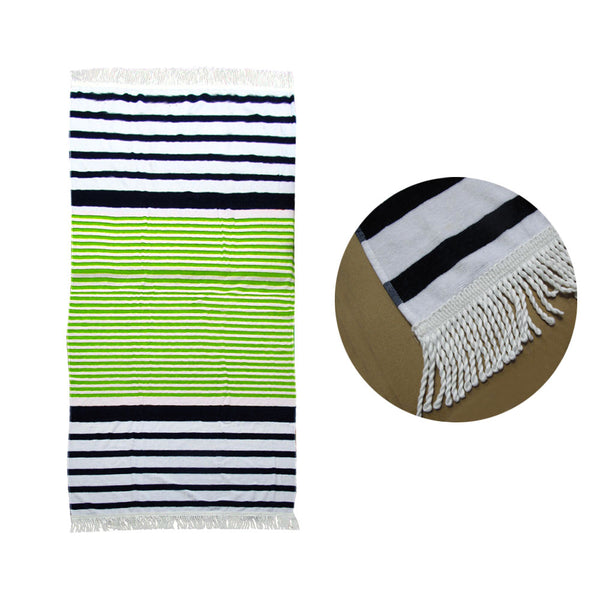 Onkaparinga Rainbow Striped Fringe Cotton Beach Towel Green Navy 160 x 86cm