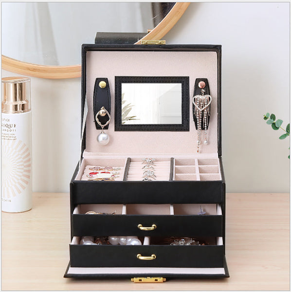 Jewellry Box Organiser Storage Case 3 Tier Mirror Locakable PU Leather White