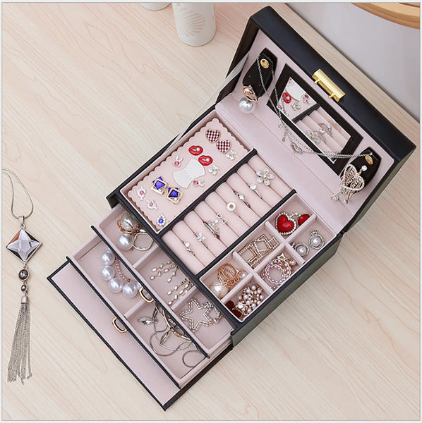 Jewellry Box Organiser Storage Case 3 Tier Mirror Locakable PU Leather White