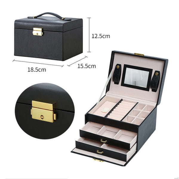 Jewellry Box Organiser Storage Case 3 Tier Mirror Locakable PU Leather White