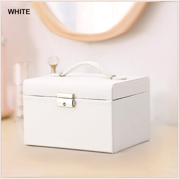 Jewellry Box Organiser Storage Case 3 Tier Mirror Locakable PU Leather White