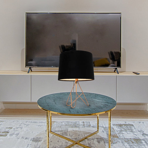 Belira Bedside Coffee Side Table Lamp Light Copper Base Black Drum Shade