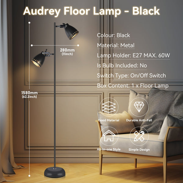 Audrey Twin Vertical Metal Floor Lamp Light Black 1.58m