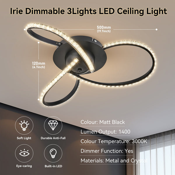 Irie Dimmable LED Ceiling Light 3 Strand Crystal Metal Black
