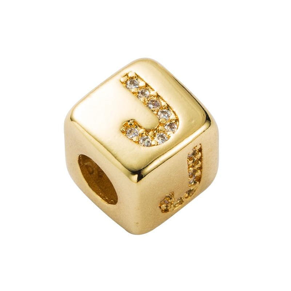 Gold Colour Letter Initial Copper Zircon CZ Bead Charm Bracelet Necklace J