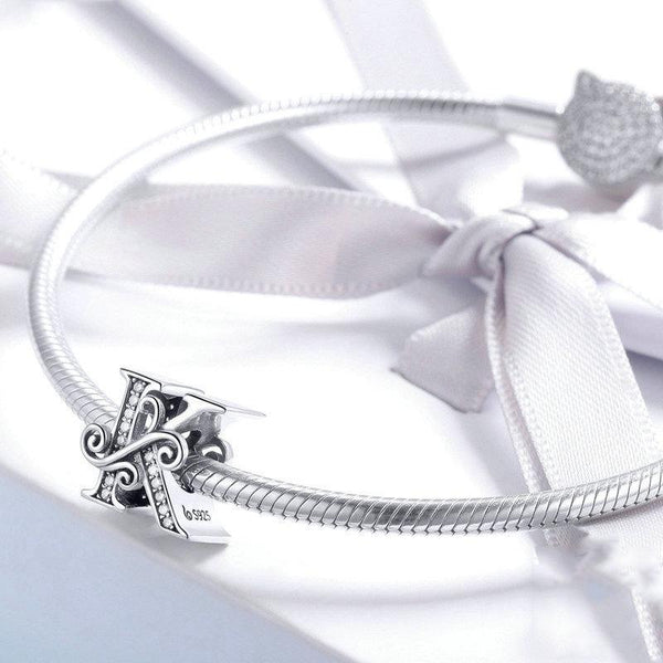 Initial Letter Gothic Victorian Sterling Silver Zircon CZ Bead Charm Bracelet J