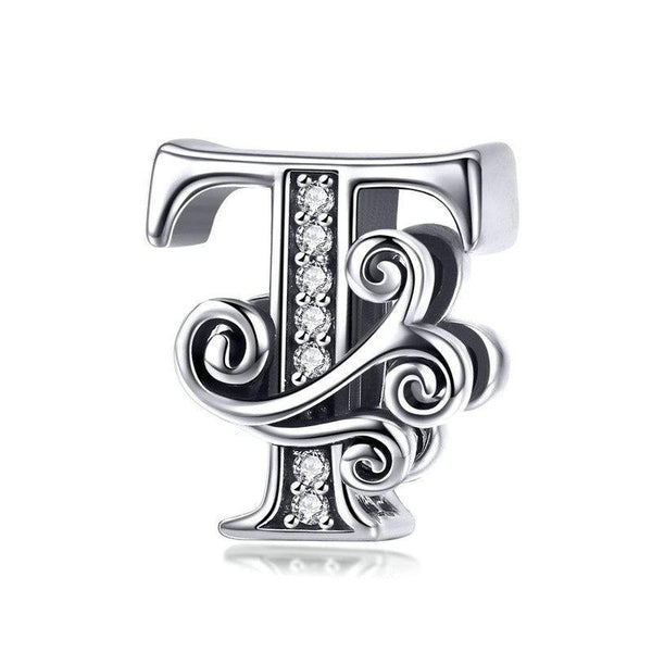 Initial Letter Gothic Victorian Sterling Silver Zircon CZ Bead Charm Bracelet T