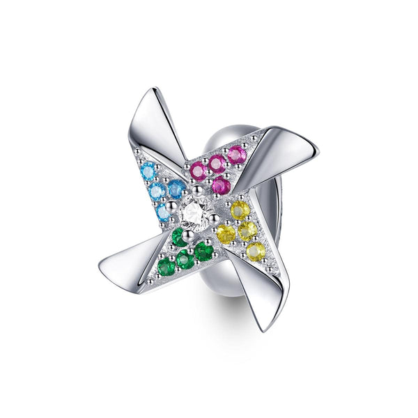 Windmill Pinwheel Platinum Plated Sterling Silver CZ Bead Charm Bracelet Necklace