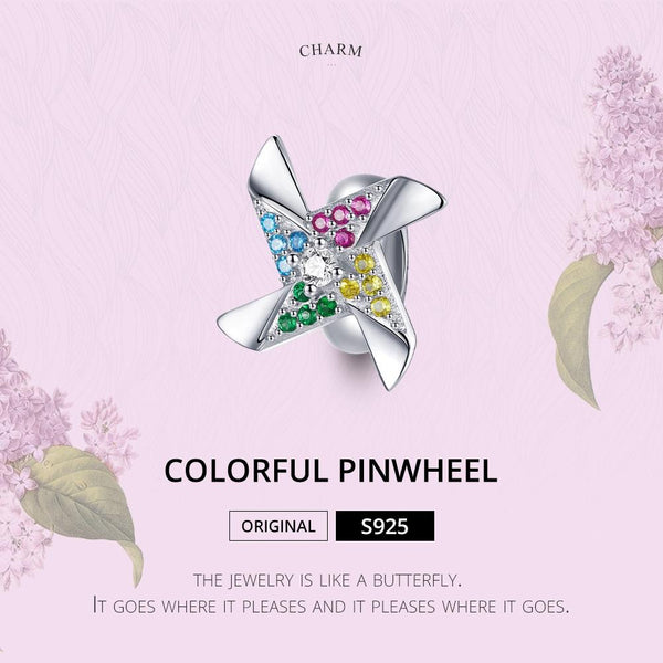 Windmill Pinwheel Platinum Plated Sterling Silver CZ Bead Charm Bracelet Necklace