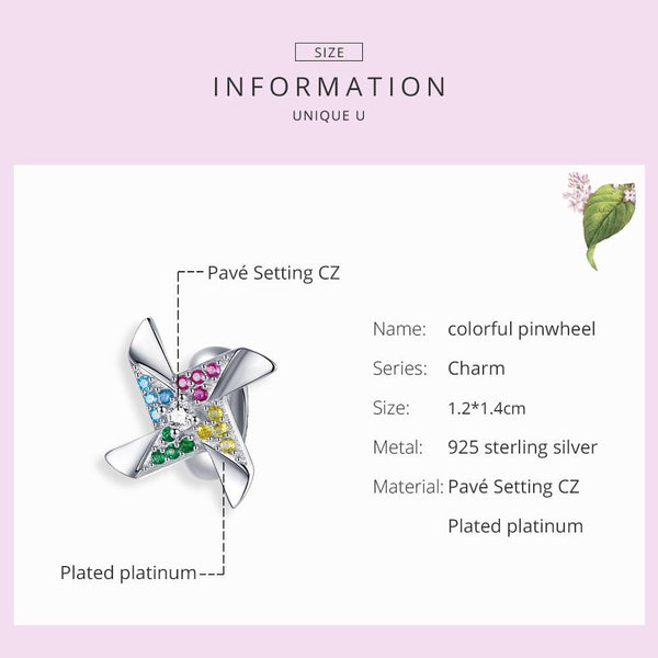 Windmill Pinwheel Platinum Plated Sterling Silver CZ Bead Charm Bracelet Necklace