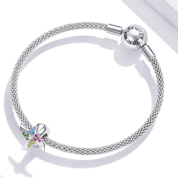 Windmill Pinwheel Platinum Plated Sterling Silver CZ Bead Charm Bracelet Necklace