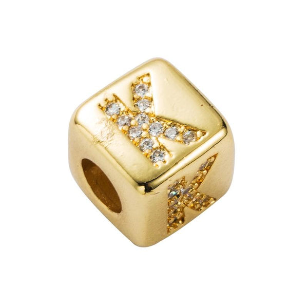 Gold Colour Letter Initial Copper Zircon CZ Bead Charm Bracelet Necklace K