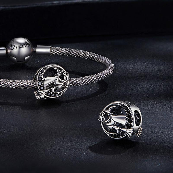 Witch Broomstick Moon Sterling Silver Zircon CZ Bead Charm Bracelet Necklace