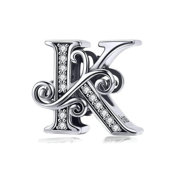 Initial Letter Gothic Victorian Sterling Silver Zircon CZ Bead Charm Bracelet K