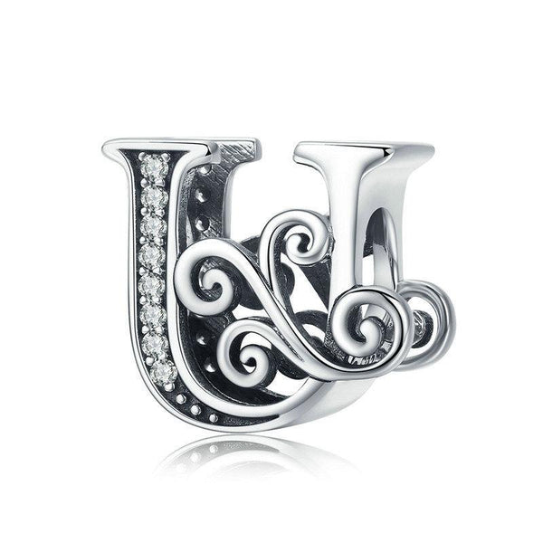 Initial Letter Gothic Victorian Sterling Silver Zircon CZ Bead Charm Bracelet U