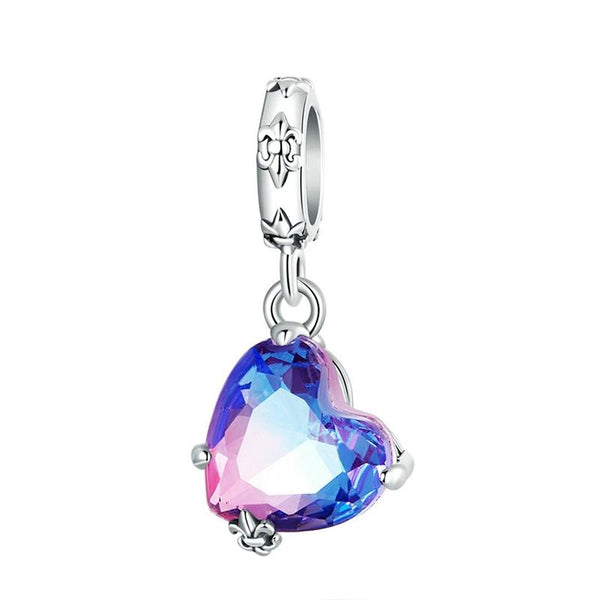 Rainbow Heart Glass Sterling Silver Bead Charm Bracelet Necklace Pendant